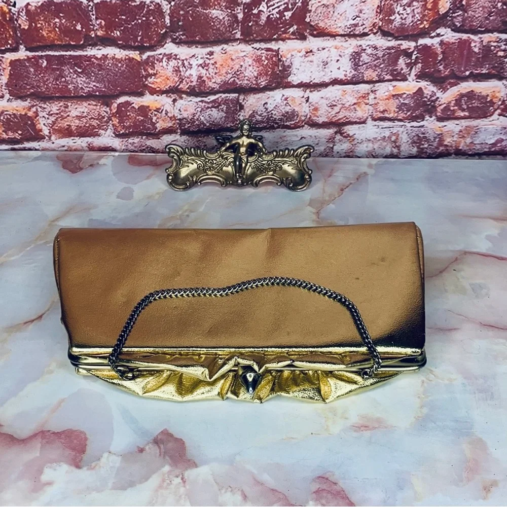 Vintage Gold Lame Convertible Framed Clutch Evening Bag